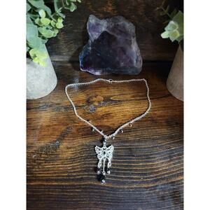 Silver Filigree-Style Butterfly Pendant Charm With Black Beads Necklace